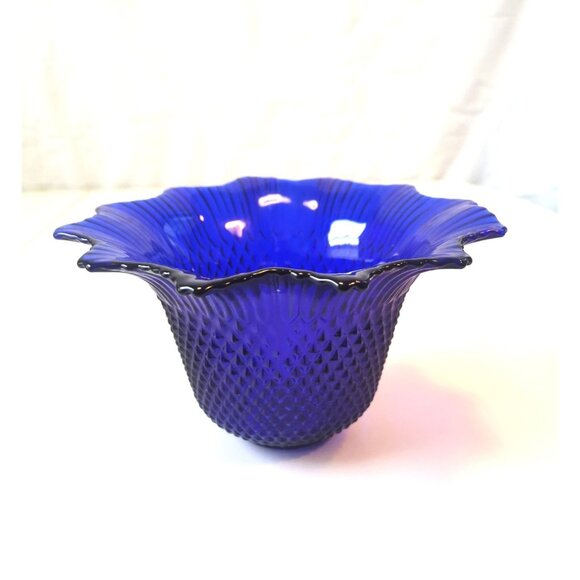 Vintage Cobalt Blue Diamond Point Ruffled Glass Bowl – Mid-Century Pressed Glass - Picture 1 of 10